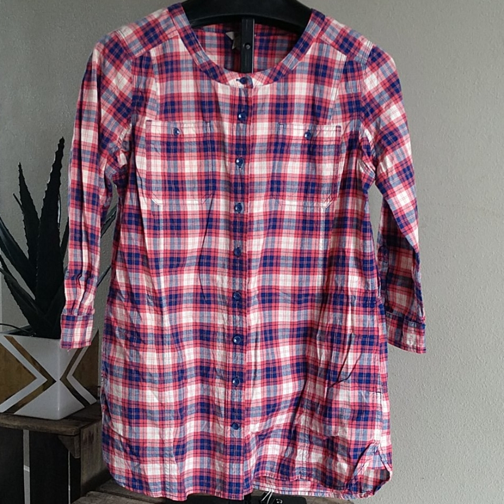 Duluth Trading Co Pink Blue White Plaid Tunic Top